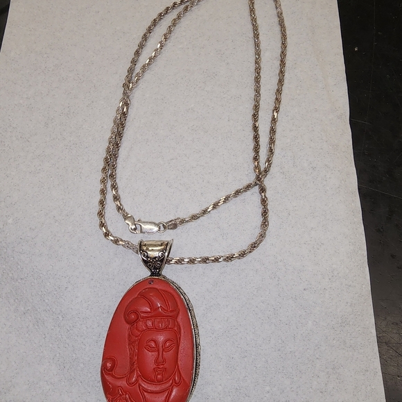 Vintage Sterling‎ and cinnabar Buddha necklace NWOT - Picture 16 of 16